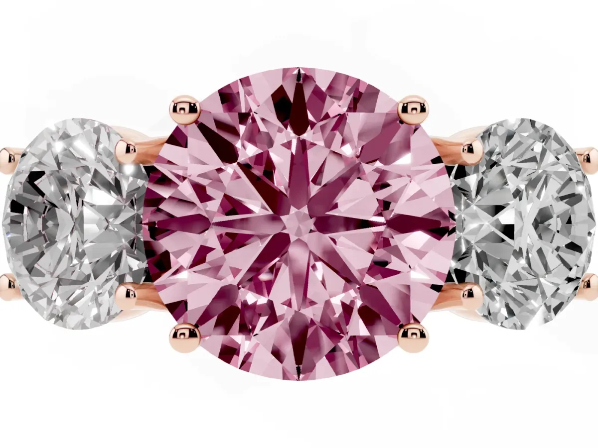 Fancy Pink Three-Stone Round Cut Diamond Pavé Band with Prong Setting Rose gold