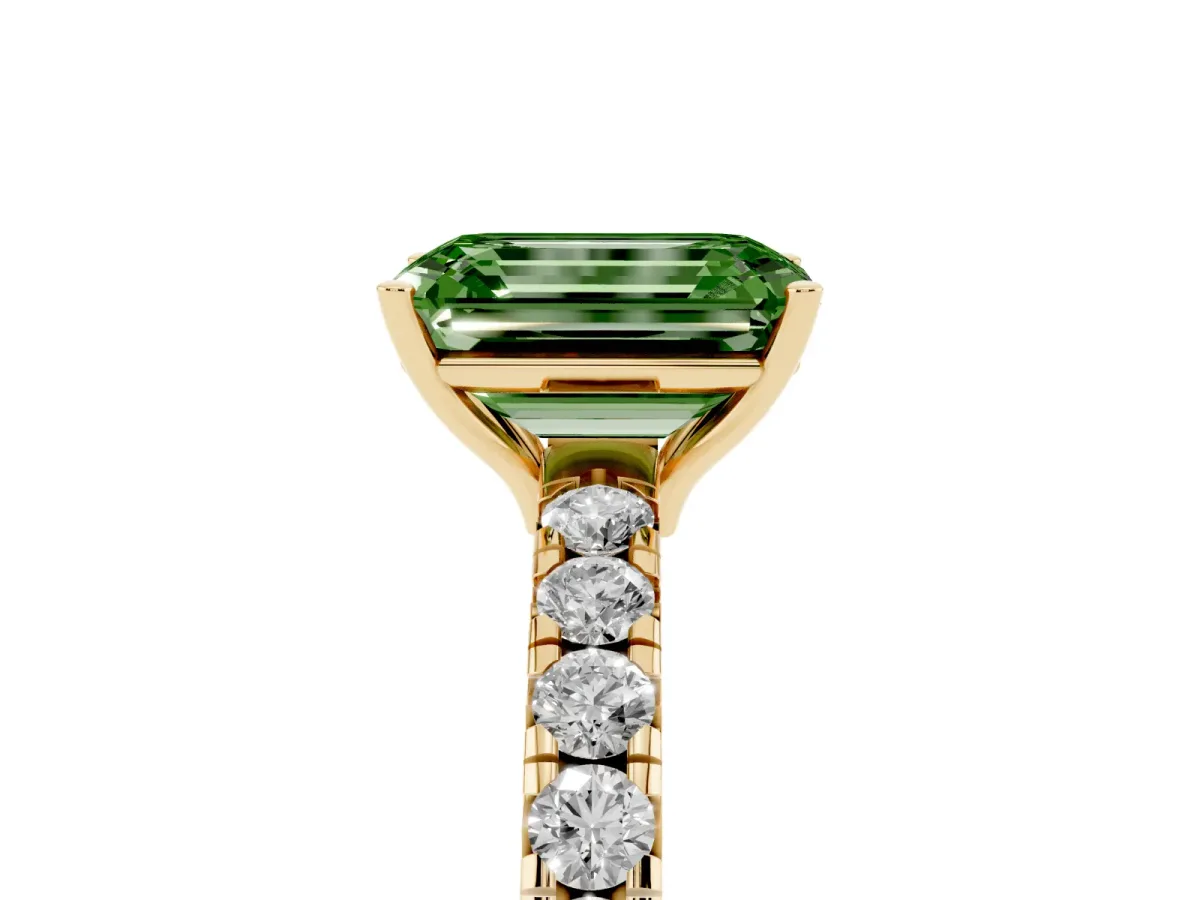Fancy Green Emerald Cut Diamond Pavé Solitaire Engagement Ring with Four-Prong Setting Yellow gold