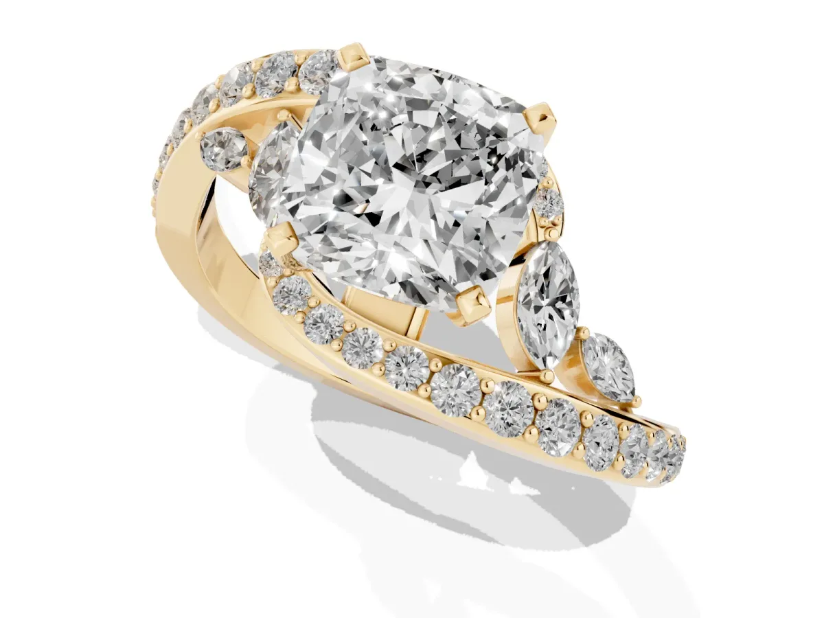 Cushion Cut Solitaire with Pavé Twist Band and Four-Prong Setting Yellow gold