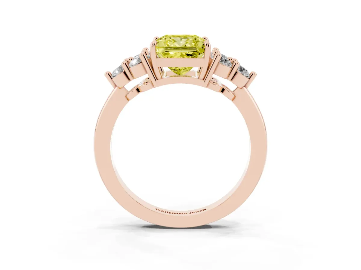 Fancy Yellow Princess Cut Brilliant Diamond Cluster Accent Solitaire Ring with Prong Setting Rose gold