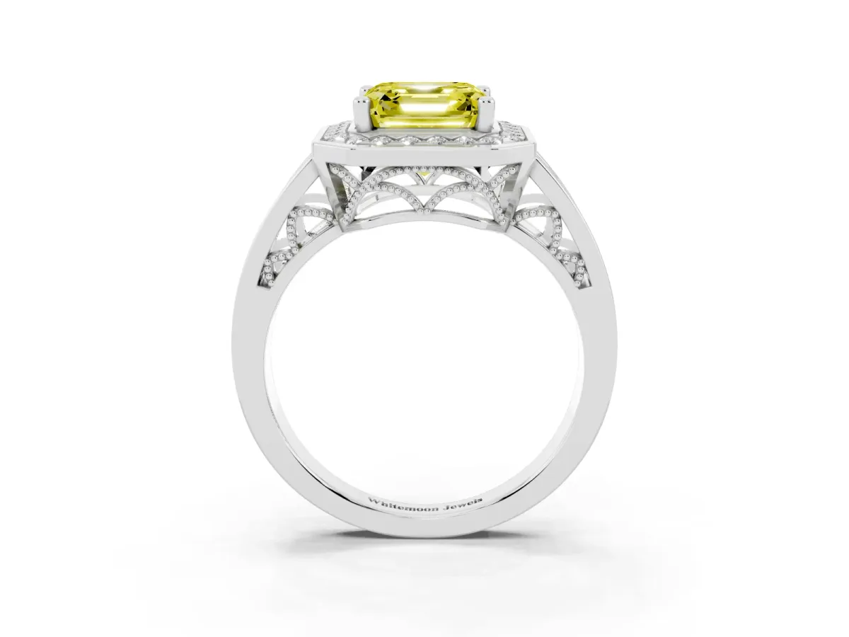 Fancy Yellow Asscher Cut Diamond Halo Ring with Split Shank and Bezel Accents and Prong Setting Silver