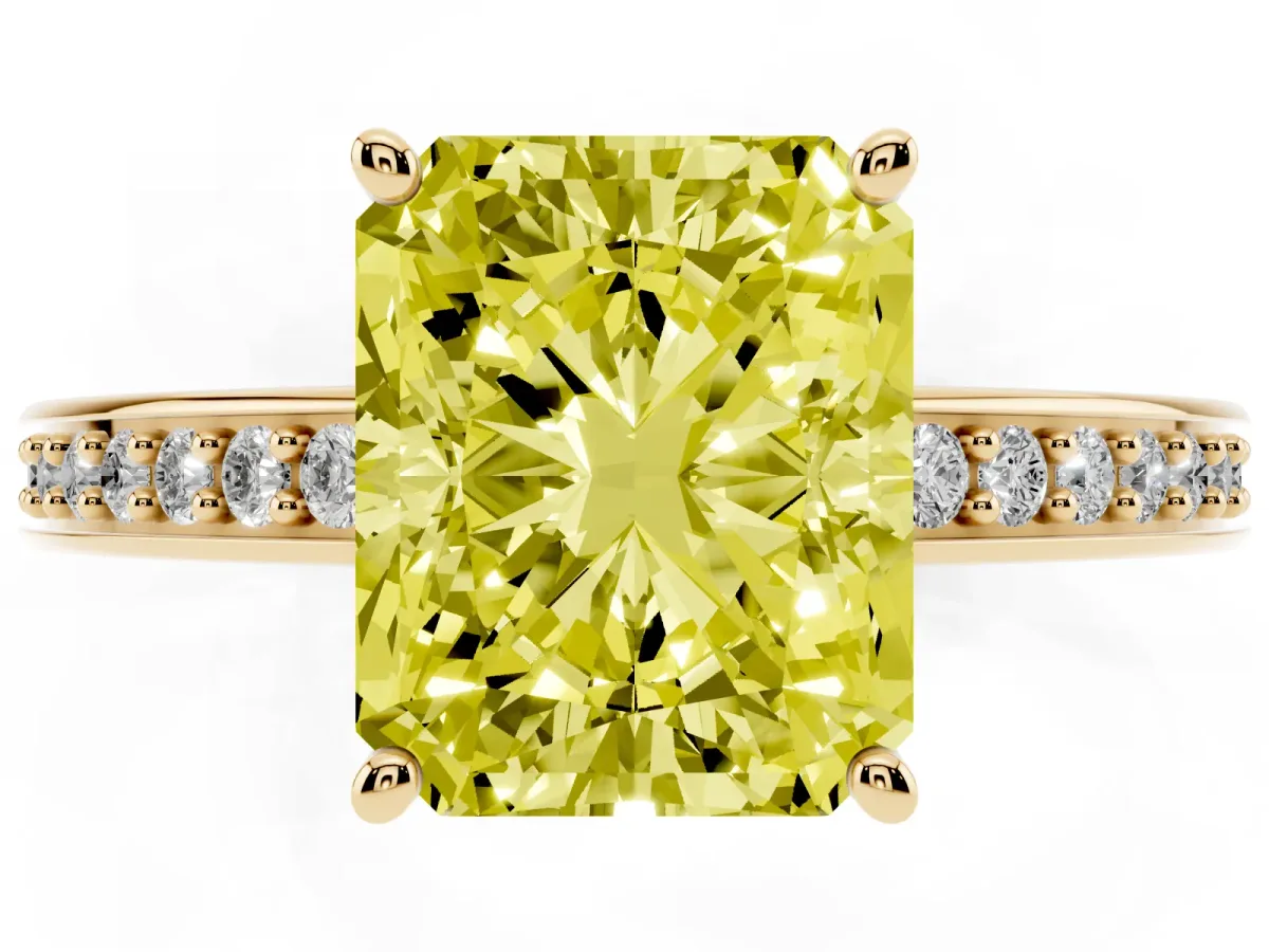 Fancy Yellow Radiant Cut Solitaire Pavé Band Prong Setting Ring Yellow gold