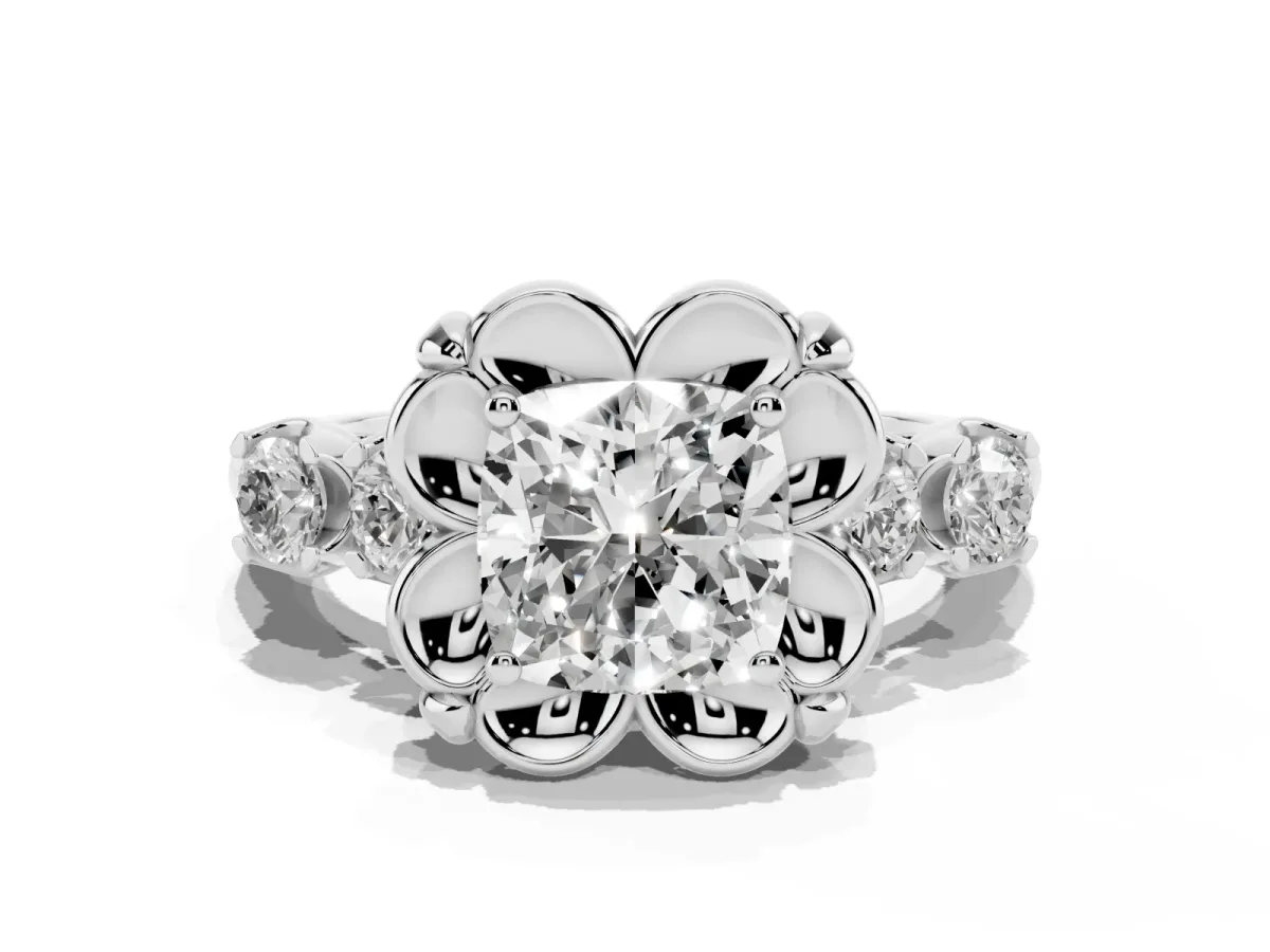 Cushion Cut Cut Diamond Floral Halo Engagement Ring with Shared Prong Setting Silver