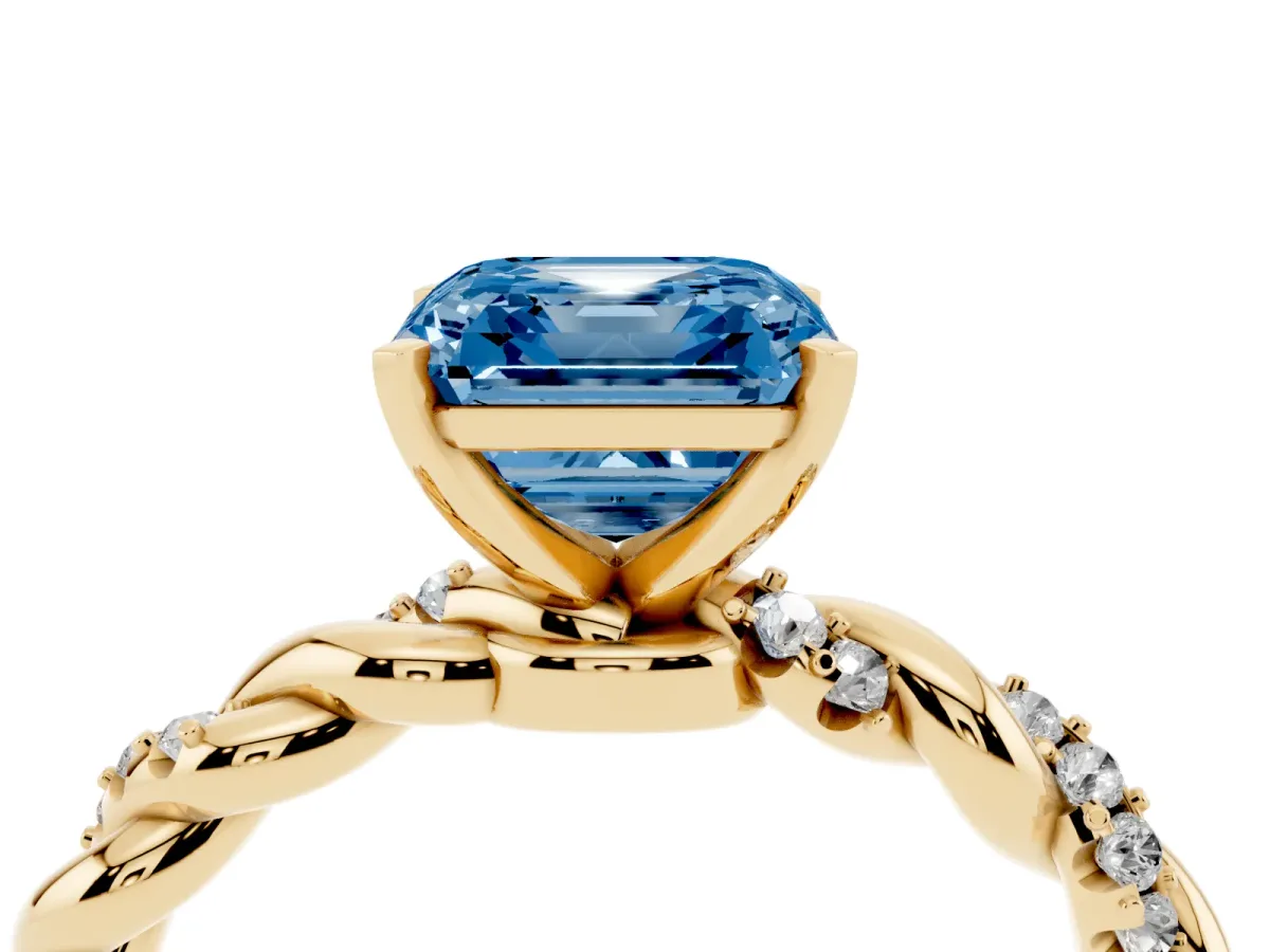 Fancy Blue Asscher Cut Diamond Solitaire Ring with Twisted Band and Pavé Accents Yellow gold