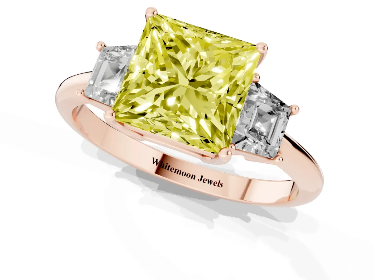 Fancy Yellow Princess Cut Diamond Three-Stone Ring with Trapezoid Side Stones and Prong Setting Rose gold