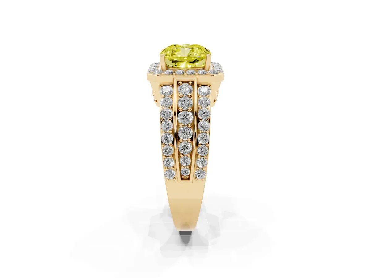 Fancy Yellow Cushion Cut Halo Diamond Ring with Round Split Shank and Prong Setting Yellow gold