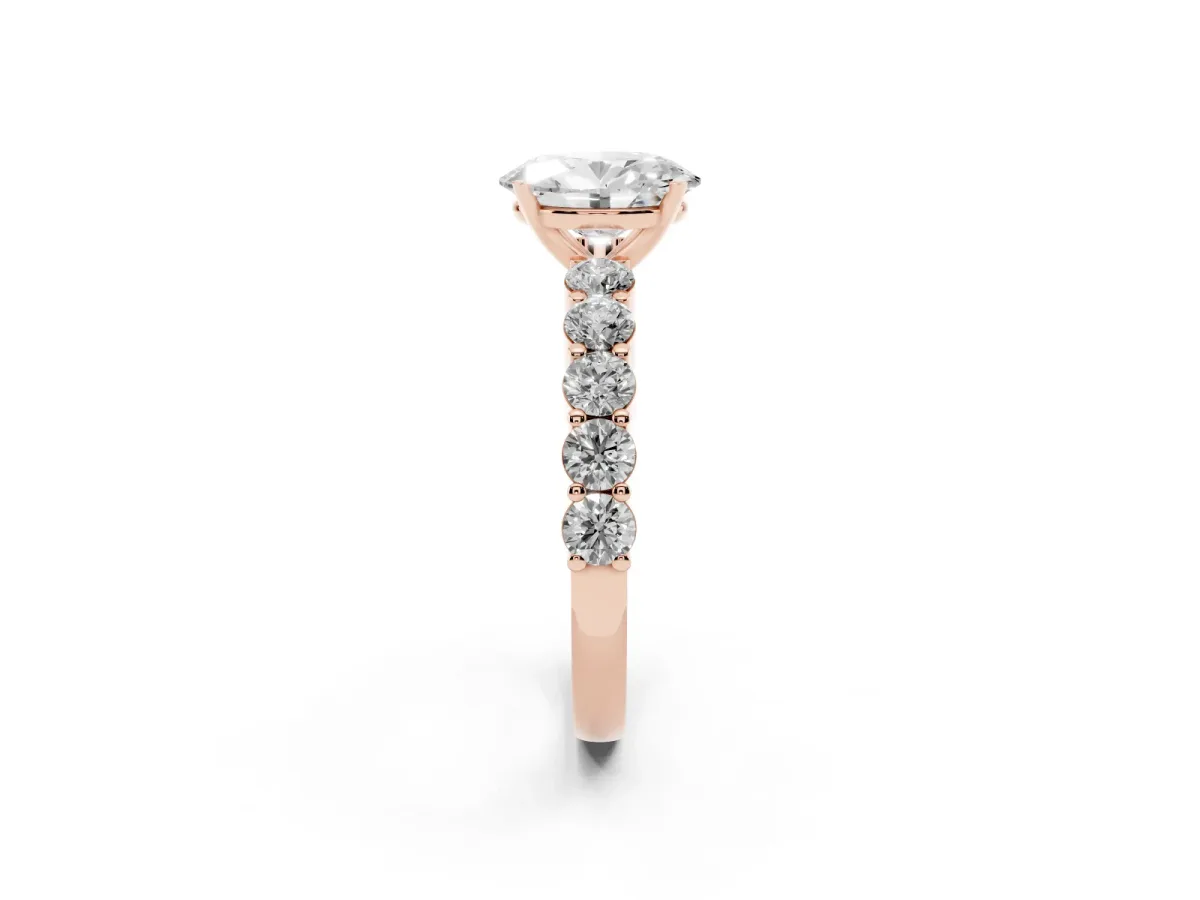 Oval Cut Diamond Solitaire Ring with Shared Prong Round Side Stones Rose gold
