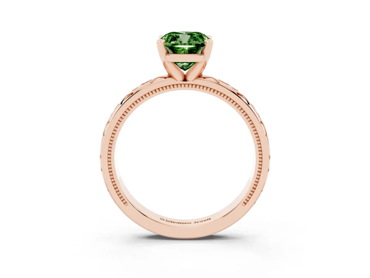 Fancy Green Cushion Cut Solitaire Engagement Ring with Scrollwork Band and Four-Prong Setting Rose gold