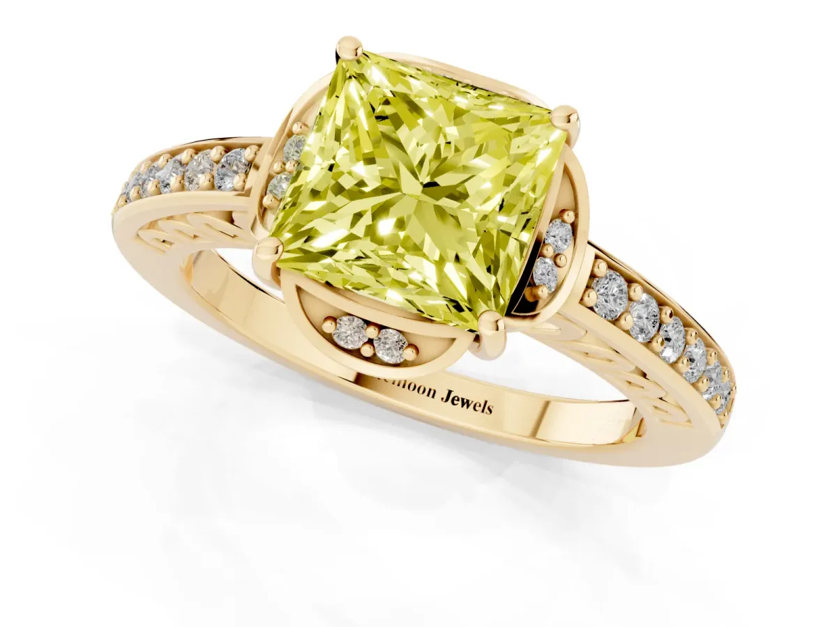 Fancy Yellow Princess Cut Cut Halo Diamond Ring with Channel Set Band and Four-Prong Setting Yellow gold
