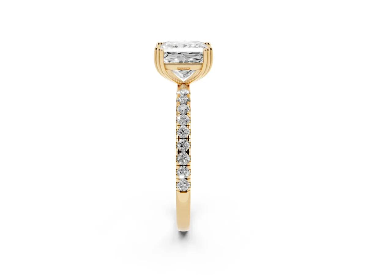 Princess Cut Brilliant Solitaire with Pavé Band and Claw Prong Setting Yellow gold