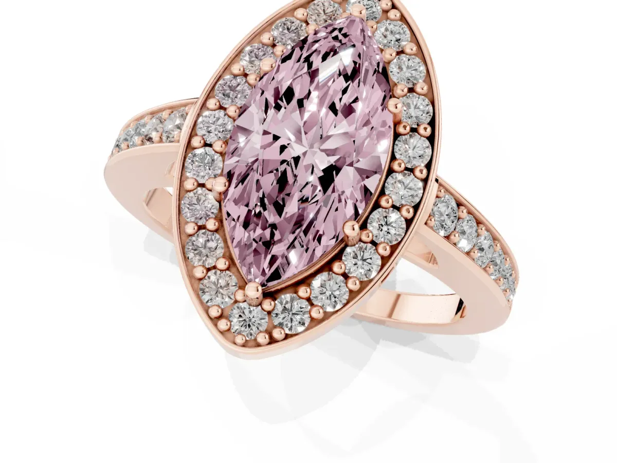 Fancy Pink Marquise Cut Halo Pavé Diamond Engagement Ring with Bezel Setting Rose gold