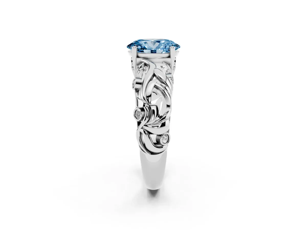 Fancy Blue Oval Cut Solitaire Diamond Leaf-Inspired Vine Band Ring with Prong Setting Platinum