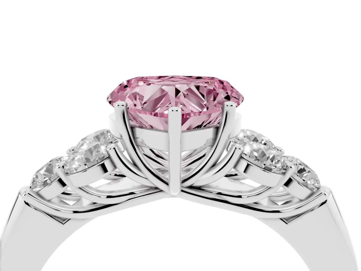 Fancy Pink Heart Cut Cut Diamond Cluster Ring with Round Accent Stones and Prong Setting on a Classic Band White gold