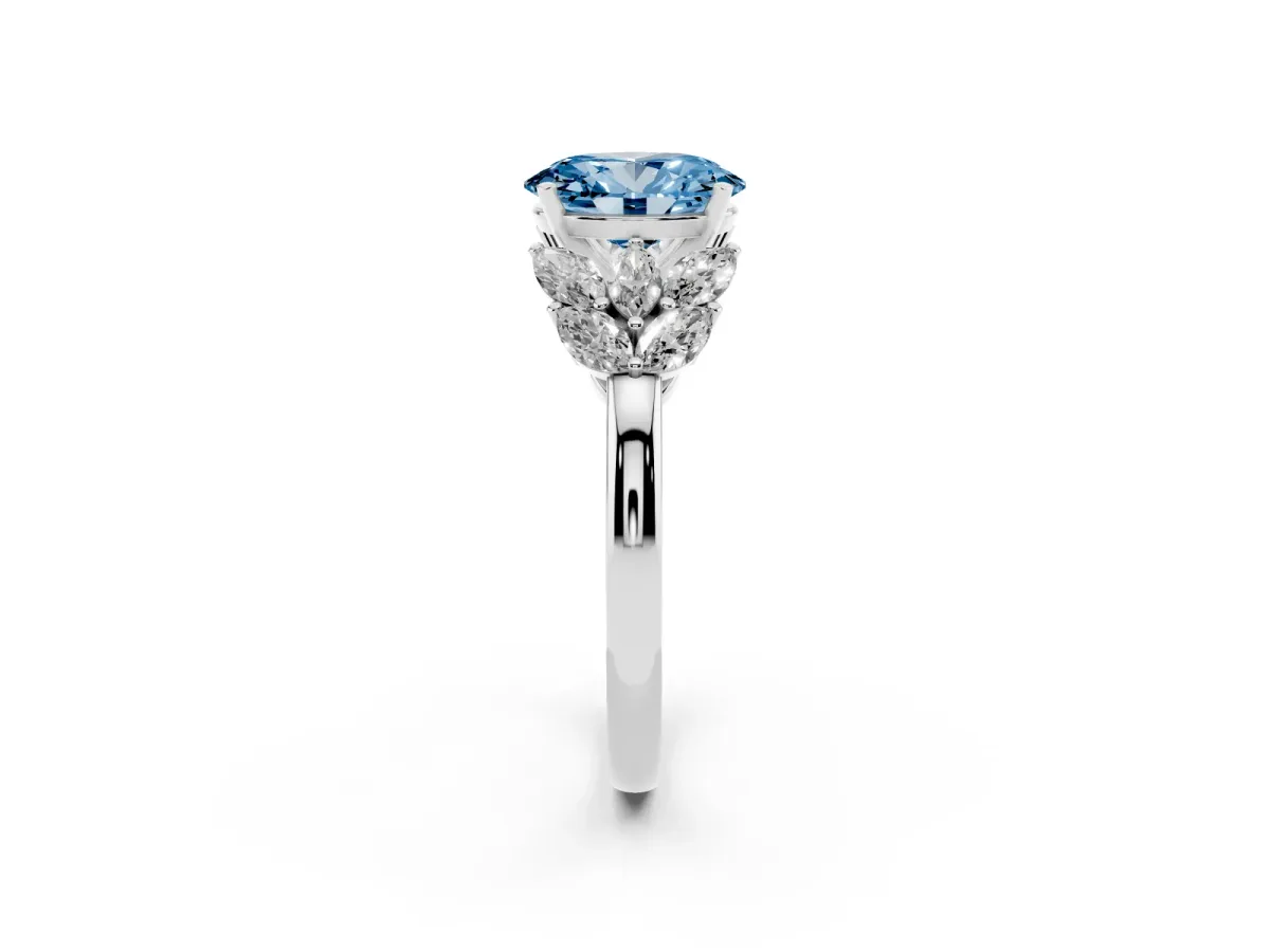 Fancy Blue Oval Cut Diamond Cluster Leaf Design Ring with Prong Setting Silver