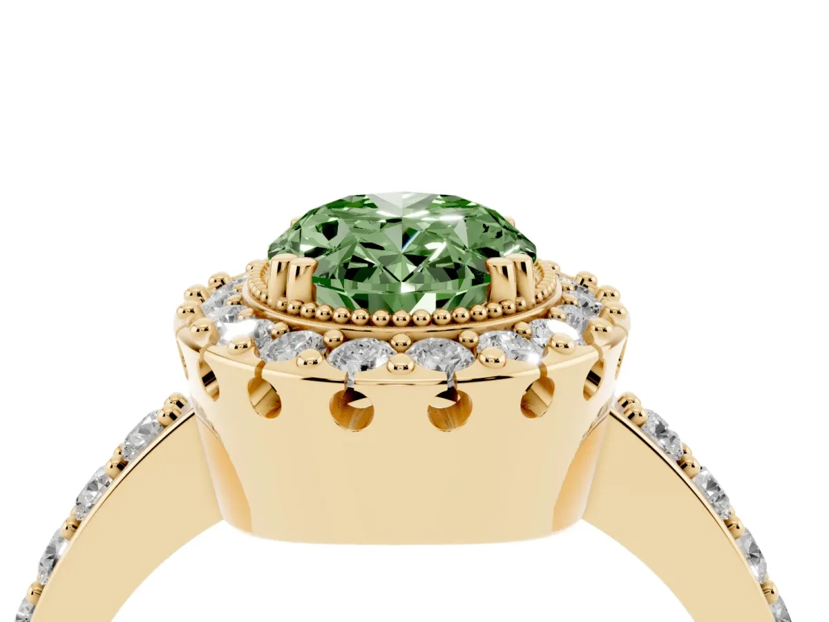 Fancy Green Oval Cut Diamond Halo Ring with Pavé Band and Prong Setting Yellow gold