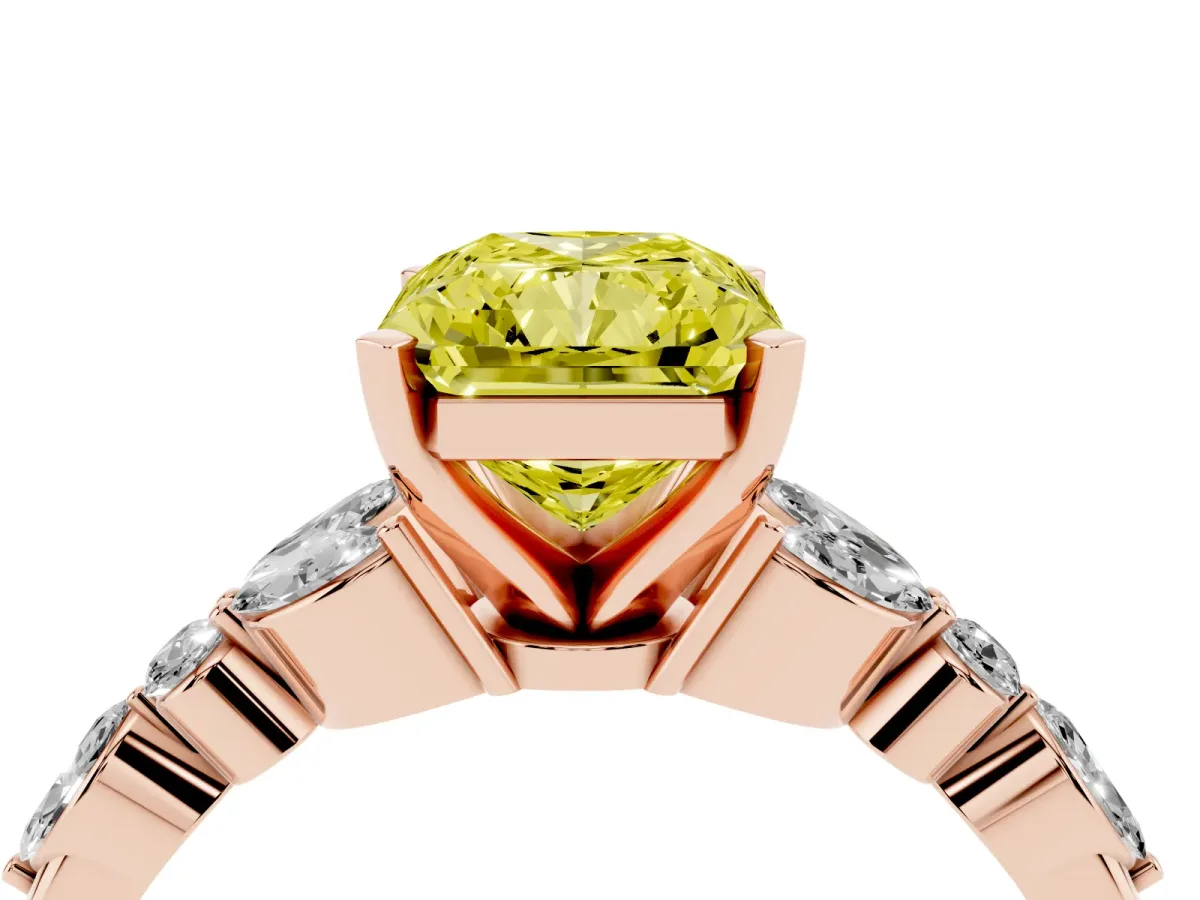 Fancy Yellow Radiant Cut Diamond Solitaire Ring with Side Stones and Four-Prong Setting Rose gold