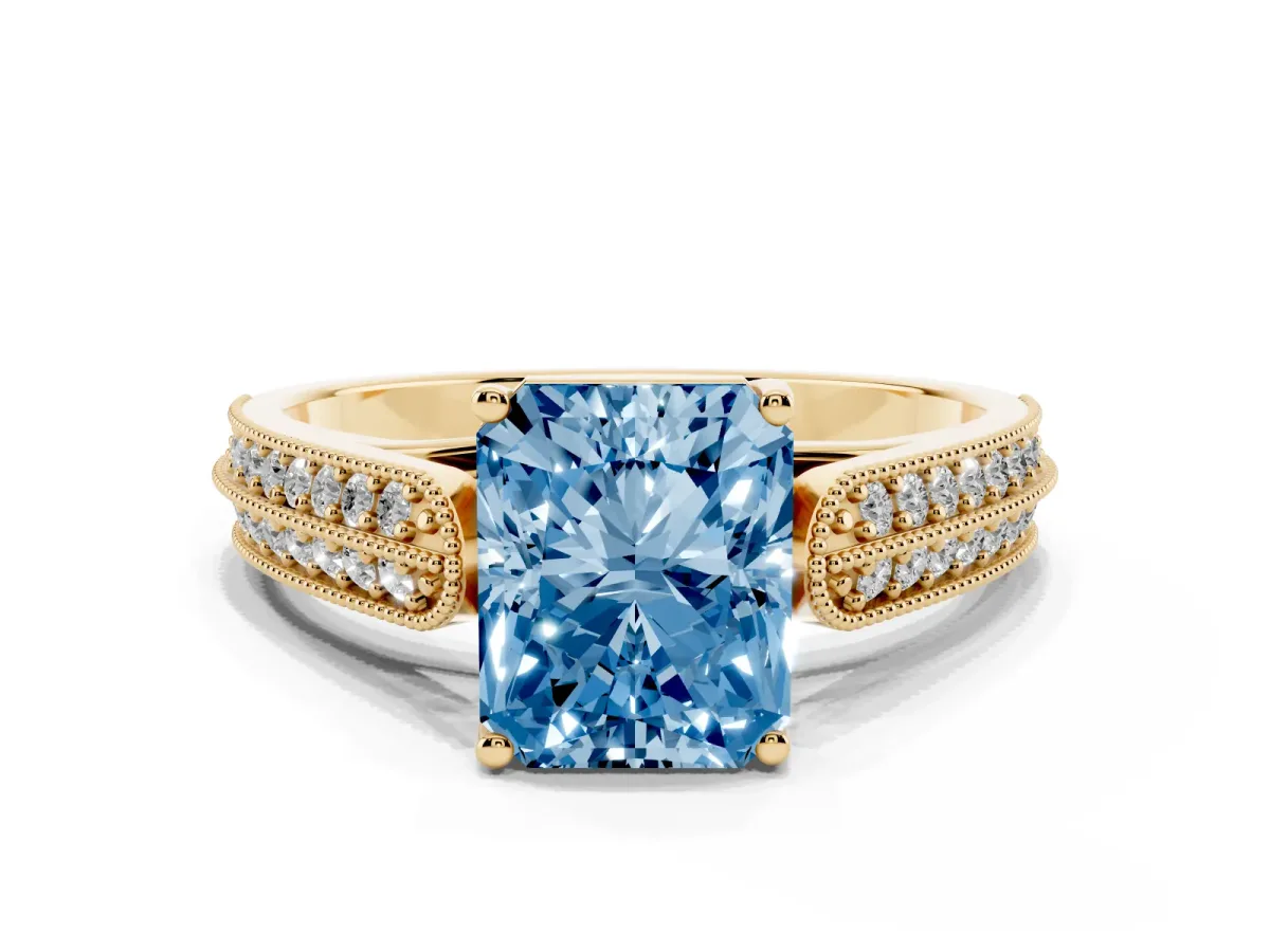 Fancy Blue Radiant Cut Cut Pave Split Shank Engagement Ring with Four-Prong Setting Yellow gold