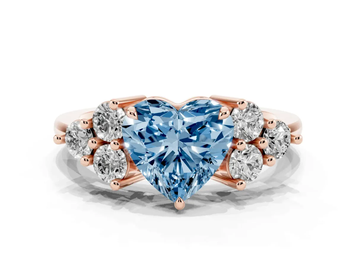 Fancy Blue Heart Cut Brilliant Diamond Cluster Accent Solitaire Ring with Prong Setting Rose gold