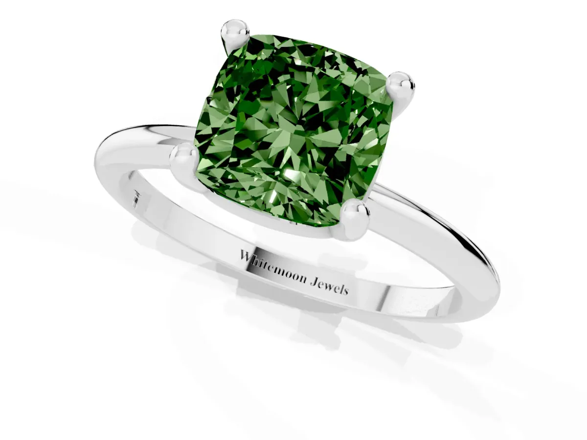 Fancy Green Cushion Cut Solitaire Diamond Ring with 4-Prong Setting on a Classic Band Silver