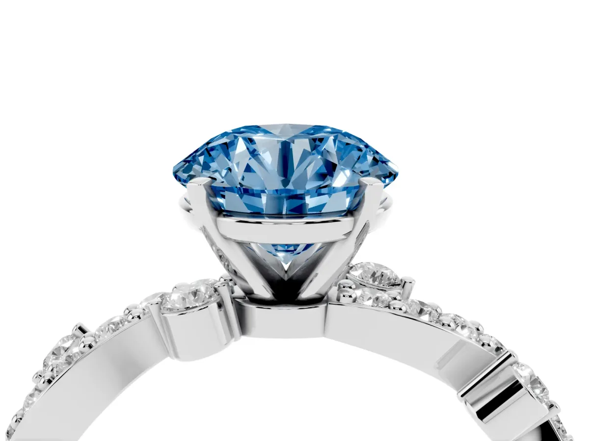 Fancy Blue Round Cut Cut Solitaire Diamond Twisted Band with Pave Setting White gold