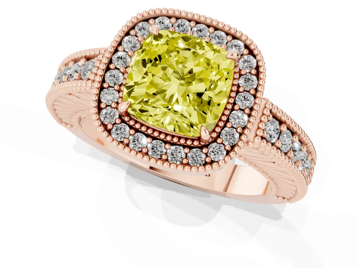 Fancy Yellow Cushion Cut Cut Halo Diamond Ring with Pavé Band and Four-Prong Setting Rose gold