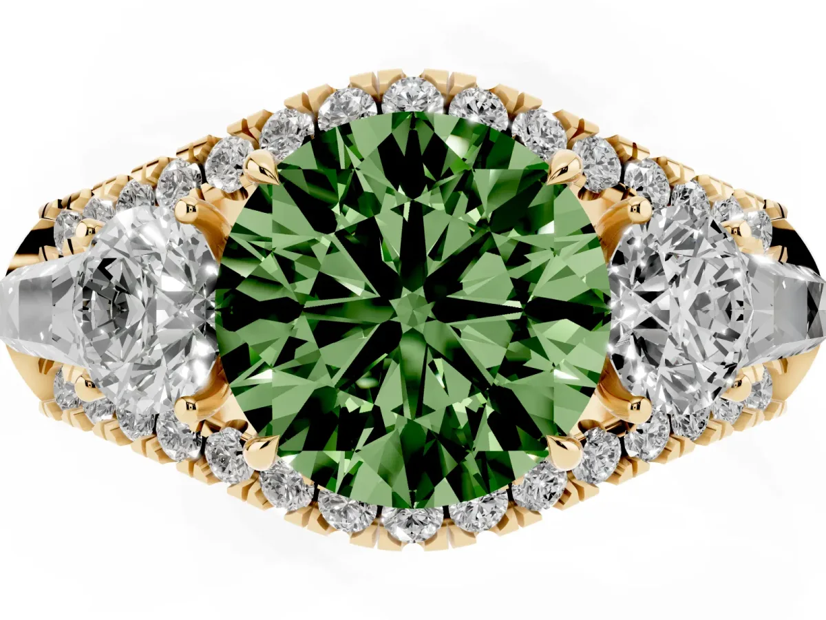 Fancy Green Three-Stone Round Cut Diamond Engagement Ring with Pave Band and Prong Setting Yellow gold