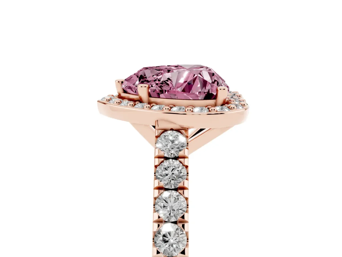 Fancy Pink Heart Cut Cut Halo Diamond Engagement Ring with Pave Band and Four-Prong Setting Rose gold