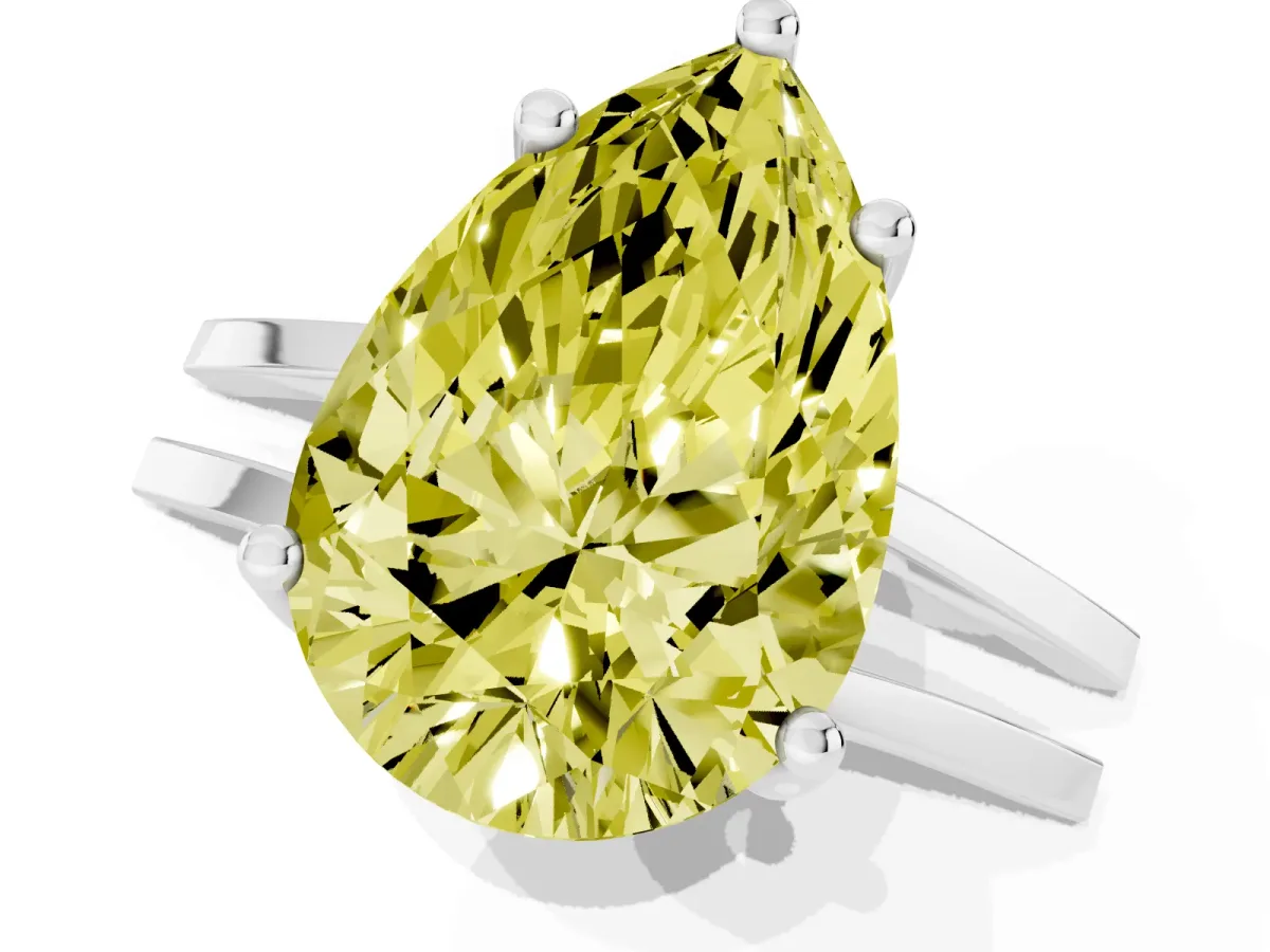 Fancy Yellow Pear Cut Cut Diamond Solitaire Engagement Ring with Tapered Plain Band and Four-Prong Setting Silver