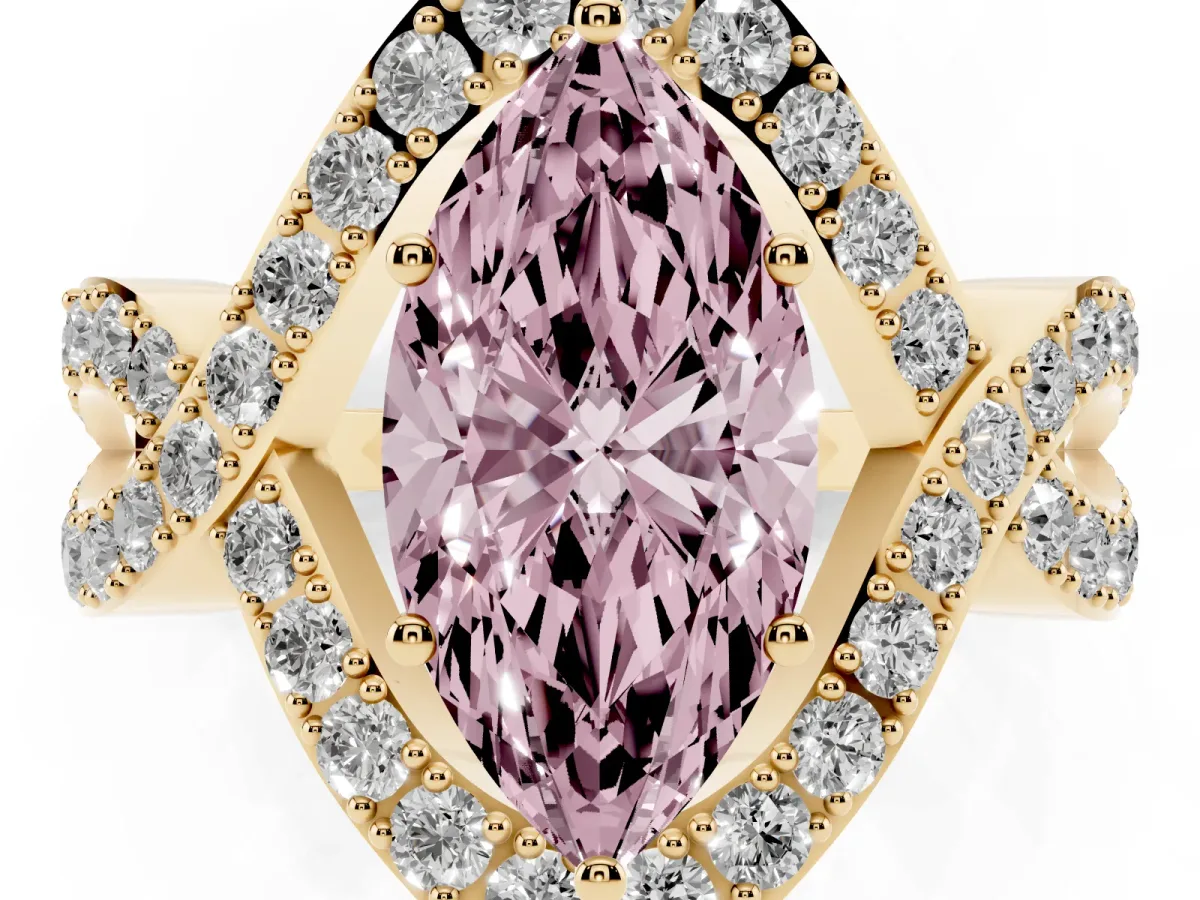 Fancy Pink Marquise Cut Solitaire Twist Band Pavé Diamond Engagement Ring Yellow gold