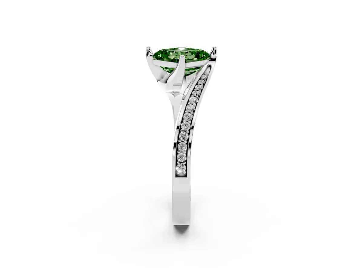 Fancy Green Asscher Cut Solitaire Diamond Twist Band with Pavé Setting and Four-Prong Setting Silver