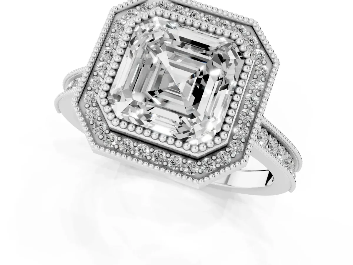 Halo Asscher Cut-Cut Diamond Pave Band Milgrain Prong Setting Ring Silver