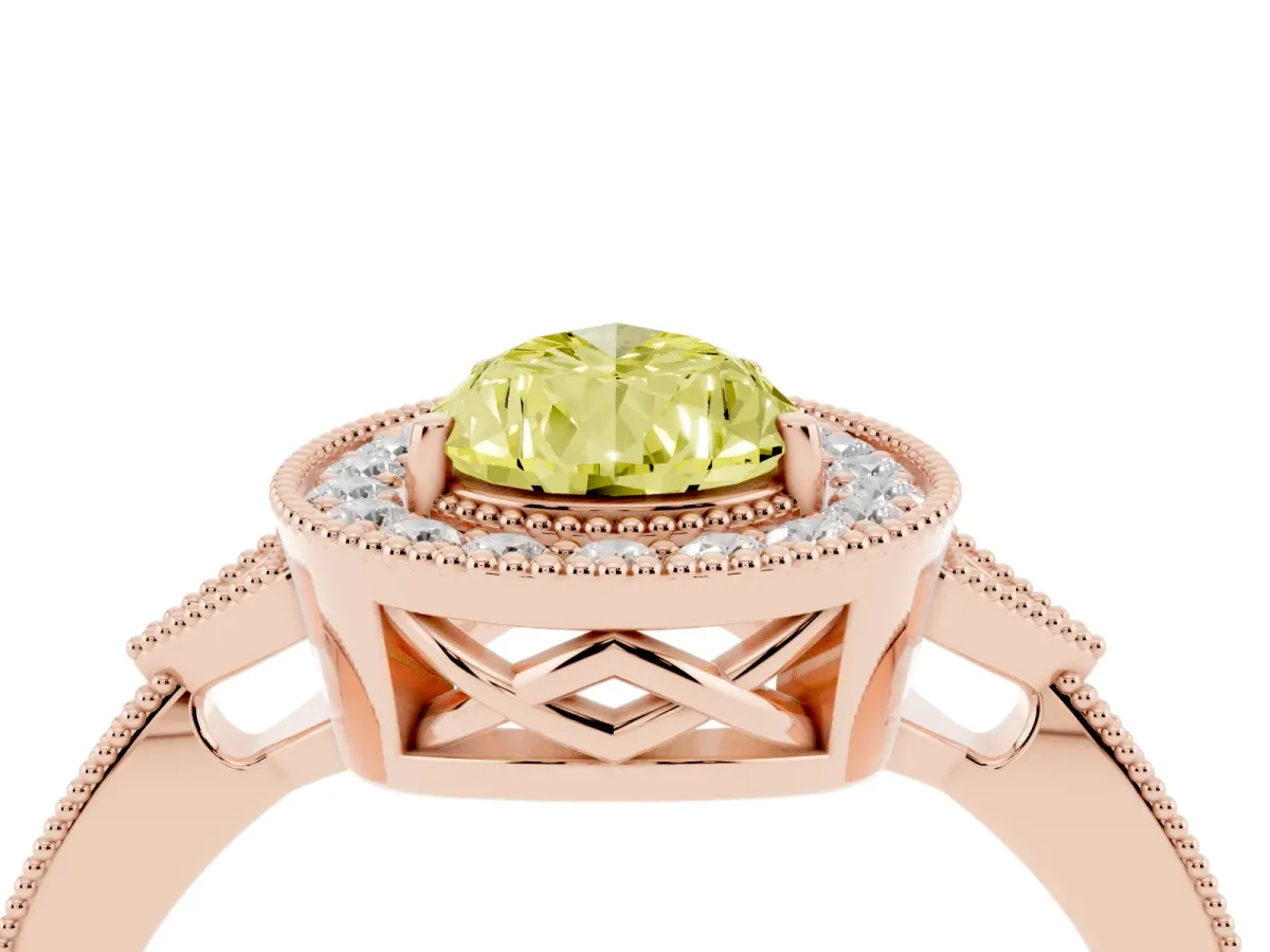 Fancy Yellow Pear Cut Halo Round Diamond Milgrain Pave Engagement Ring Rose gold