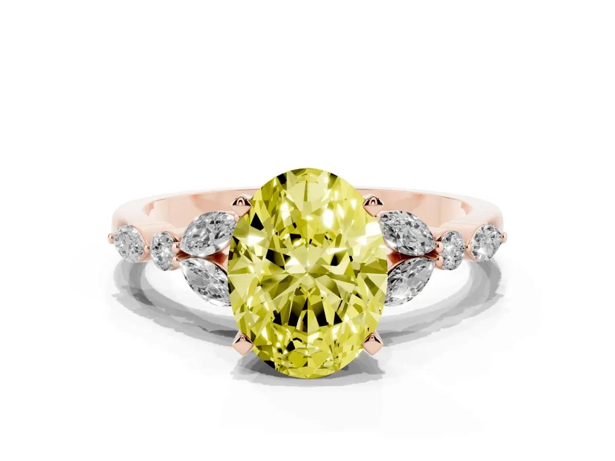 Fancy Yellow Oval Cut Diamond Solitaire Ring with Side Stones and Four-Prong Setting Rose gold