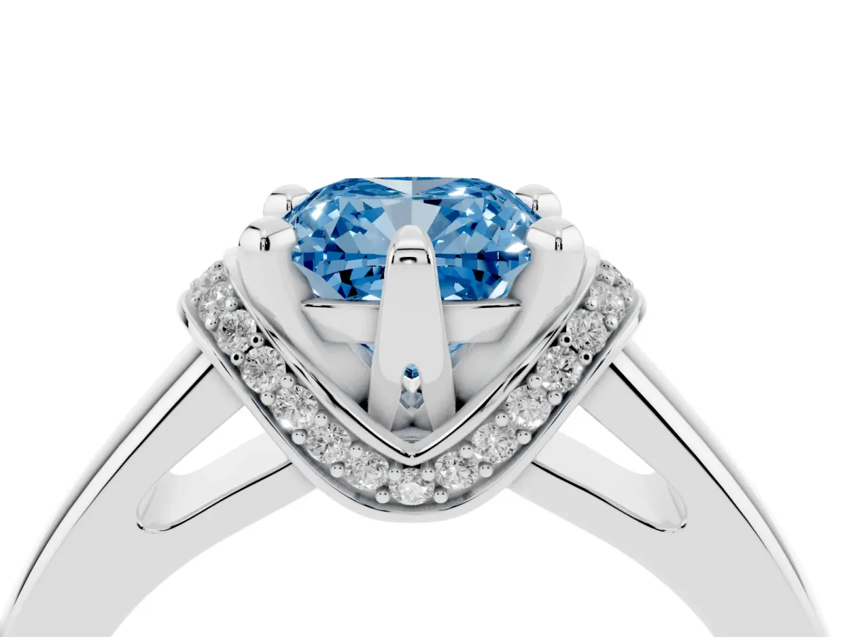 Fancy Blue Cushion Cut Solitaire Diamond Ring with Pave Band and Six-Prong Setting Silver