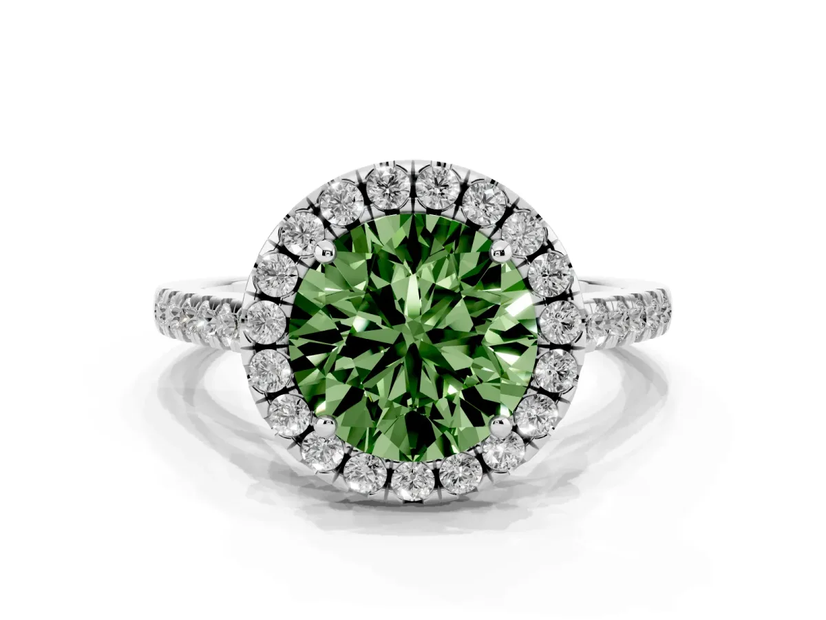 Fancy Green Round Cut Halo Pavé Diamond Engagement Ring with Four-Prong Setting Silver