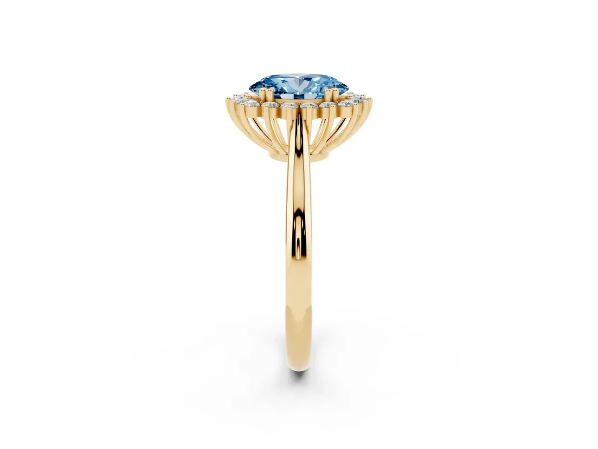 Fancy Blue Oval Cut Cut Diamond Halo Ring with Solitaire Band and Prong Setting Yellow gold