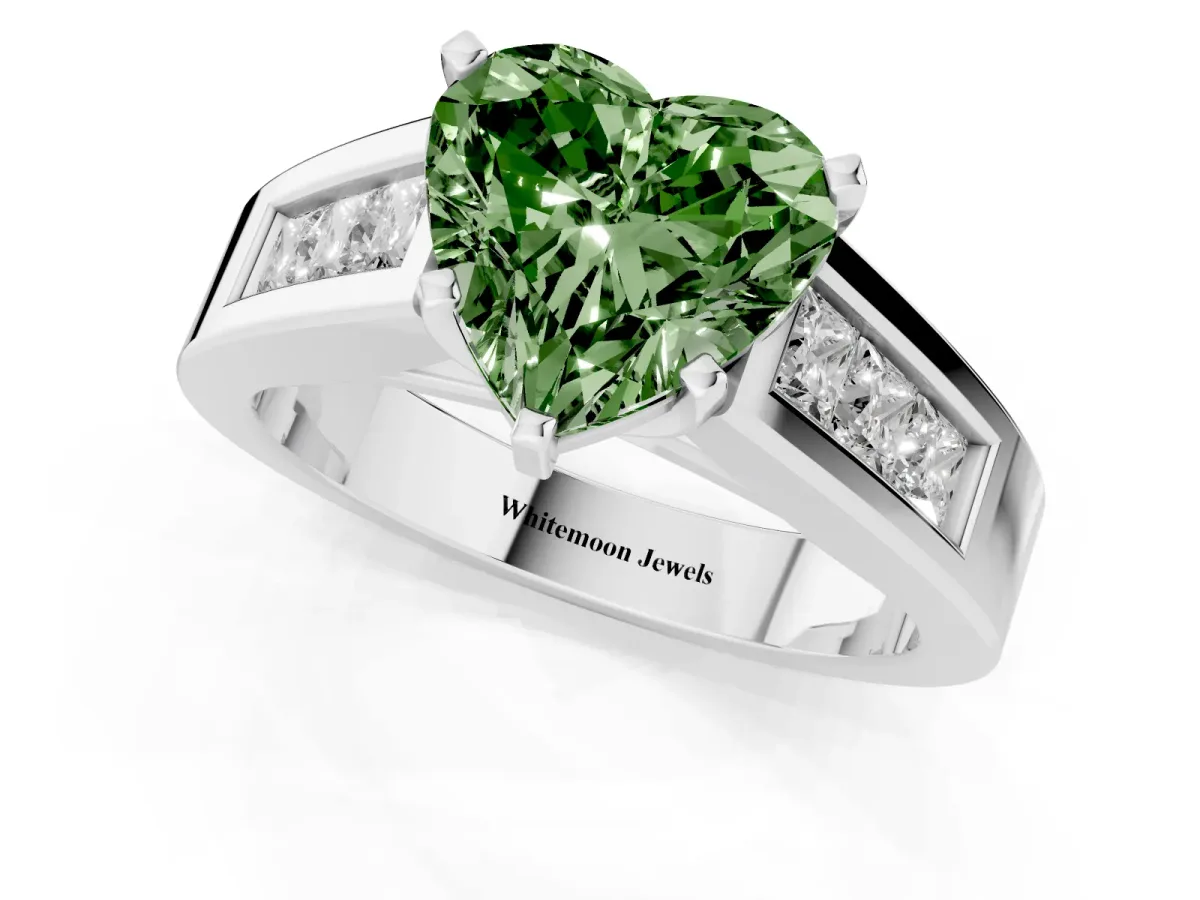 Fancy Green Heart Cut Cut Channel Set Solitaire Ring with Four-Prong Setting Silver