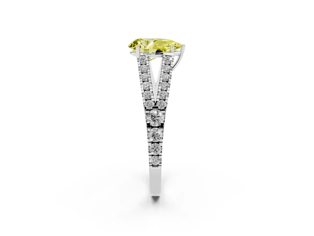 Fancy Yellow Pear Cut Diamond Split Shank Pavé Engagement Ring with Four-Prong Setting White gold