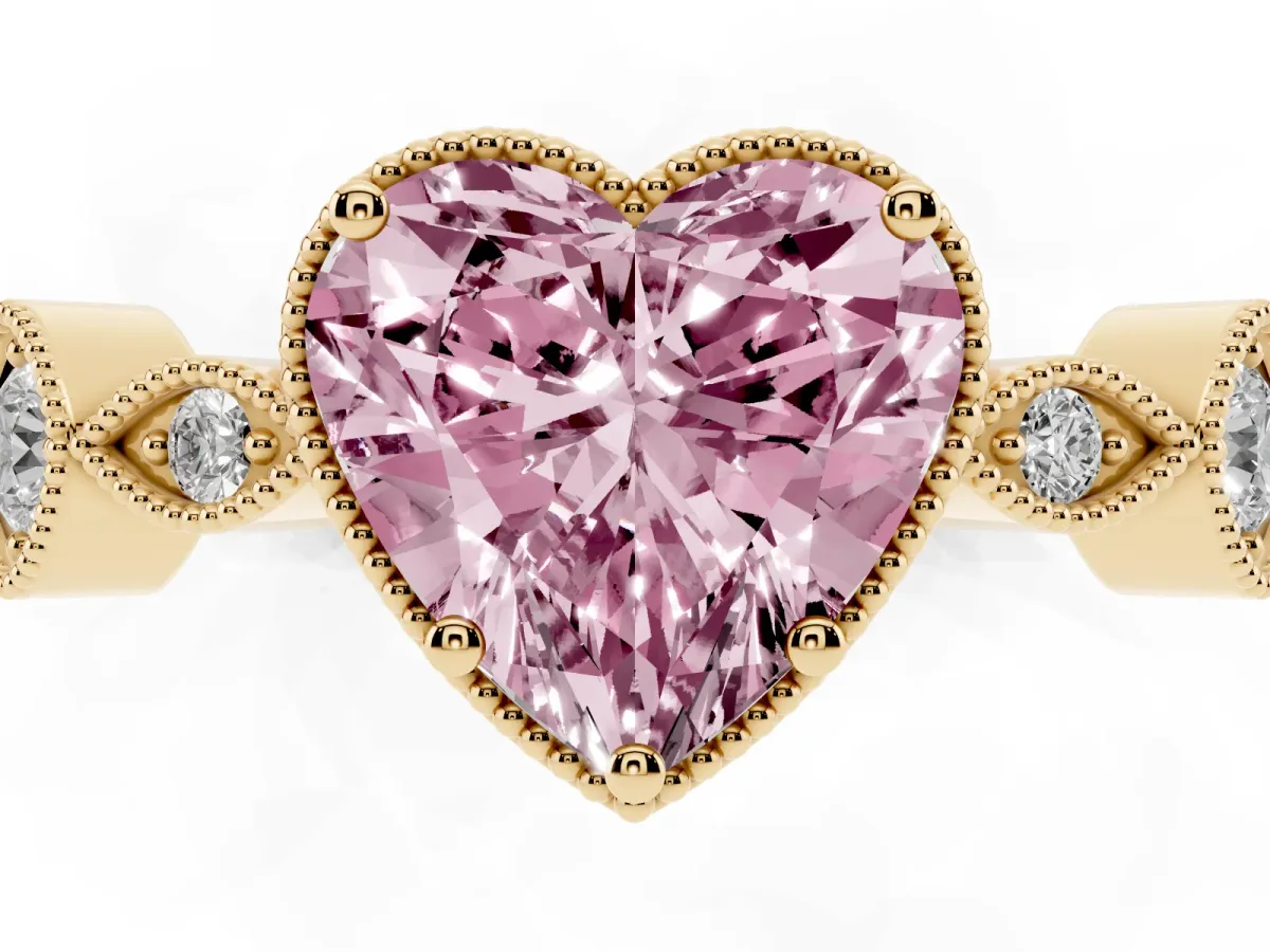 Fancy Pink Heart Cut Diamond Vintage Milgrain Ring with Round Stations Yellow gold