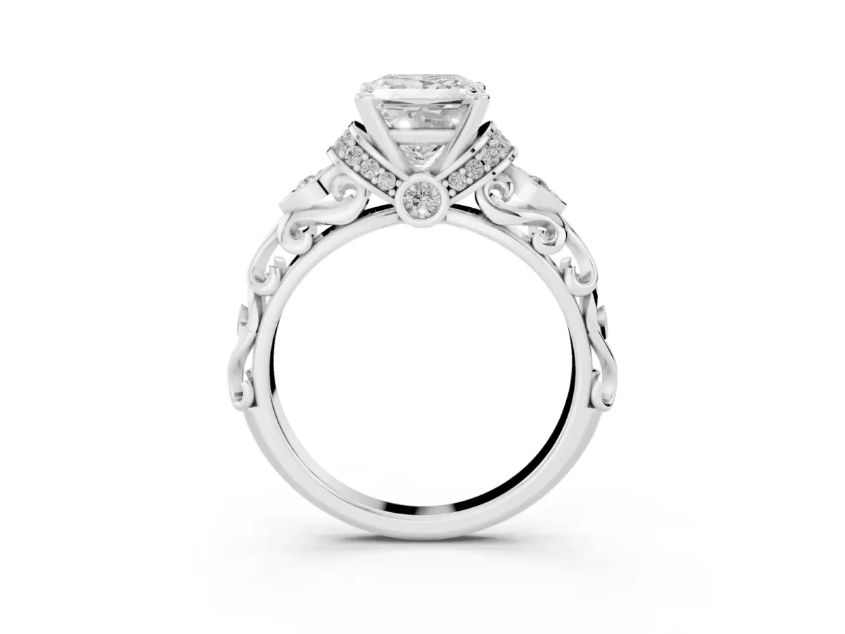 Princess Cut Diamond Solitaire Ring with Filigree Band and Four-Prong Setting Silver