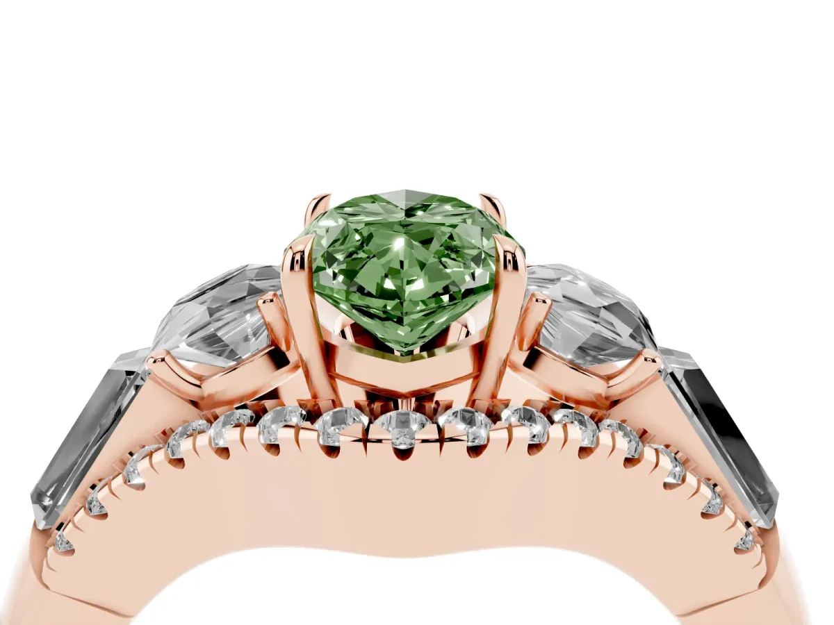 Fancy Green Three-Stone Marquise Cut Diamond Engagement Ring with Pave Band and Prong Setting Rose gold