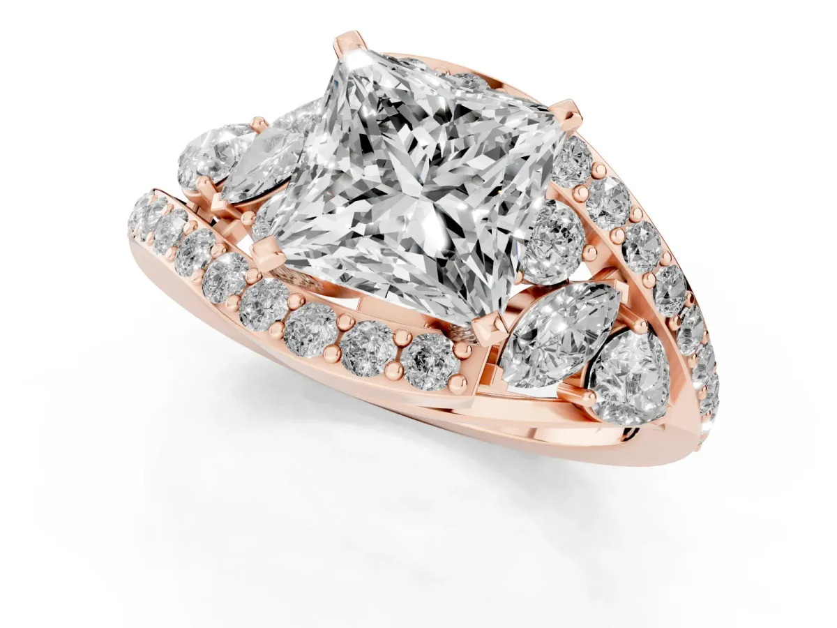 Princess Cut Diamond Halo Ring with Marquise and Pavé Band in Prong Setting Rose gold