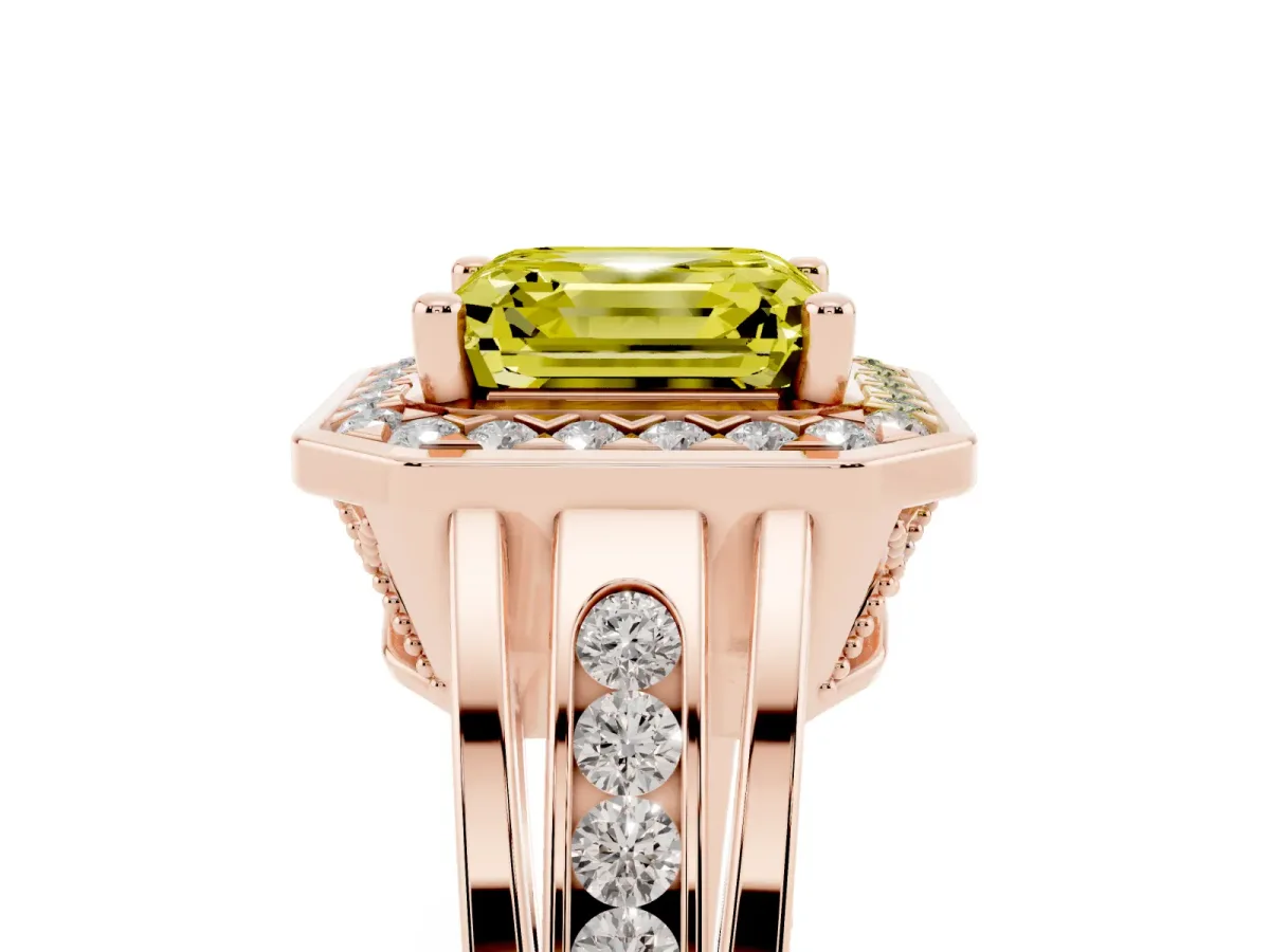 Fancy Yellow Asscher Cut Diamond Halo Ring with Split Shank and Bezel Accents and Prong Setting Rose gold