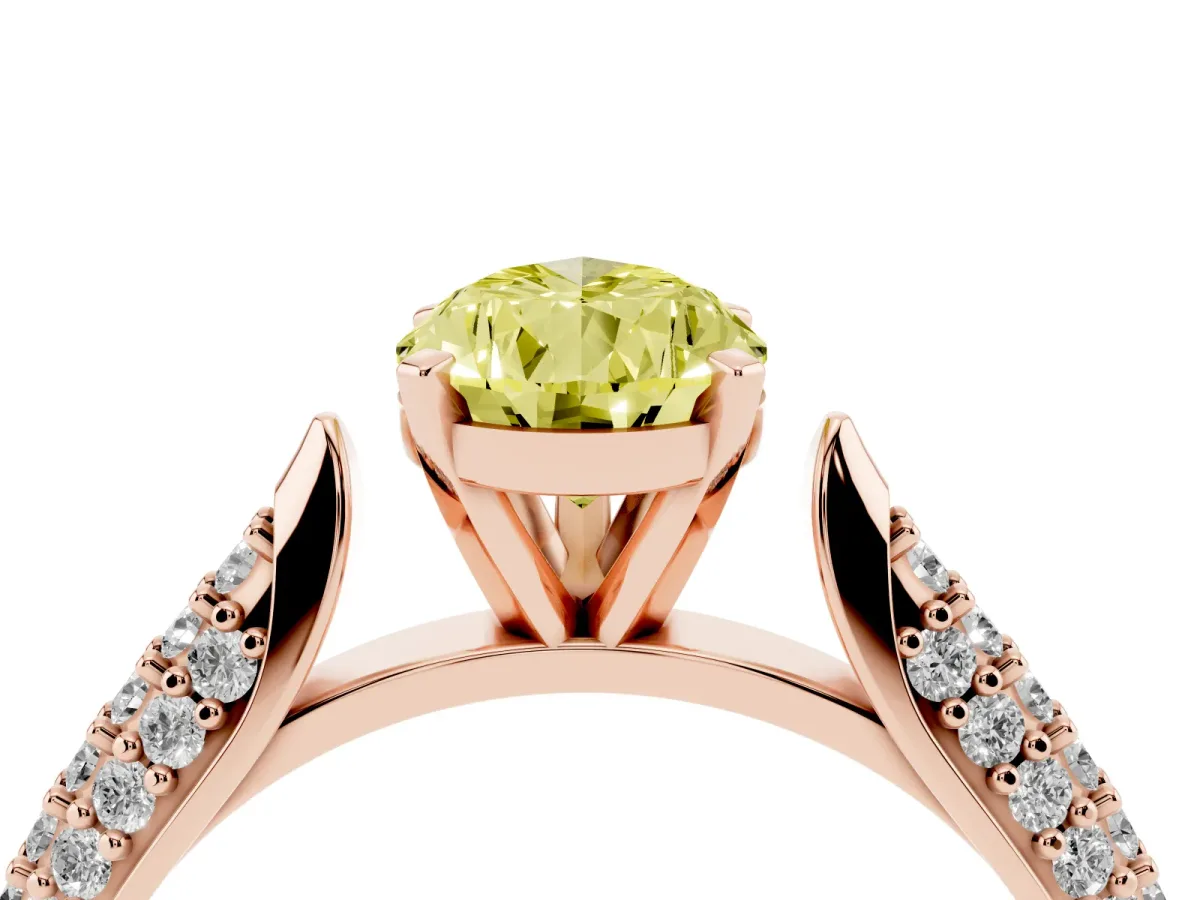 Fancy Yellow Pear Cut Diamond Solitaire Engagement Ring with Multi-Row Round Pavé Band and Prong Setting Rose gold