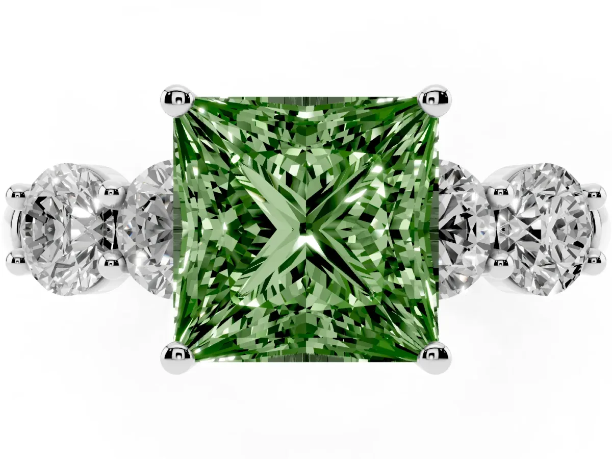 Fancy Green Princess Cut Cut Five-Stone Prong Set Diamond Ring with Classic Band Silver