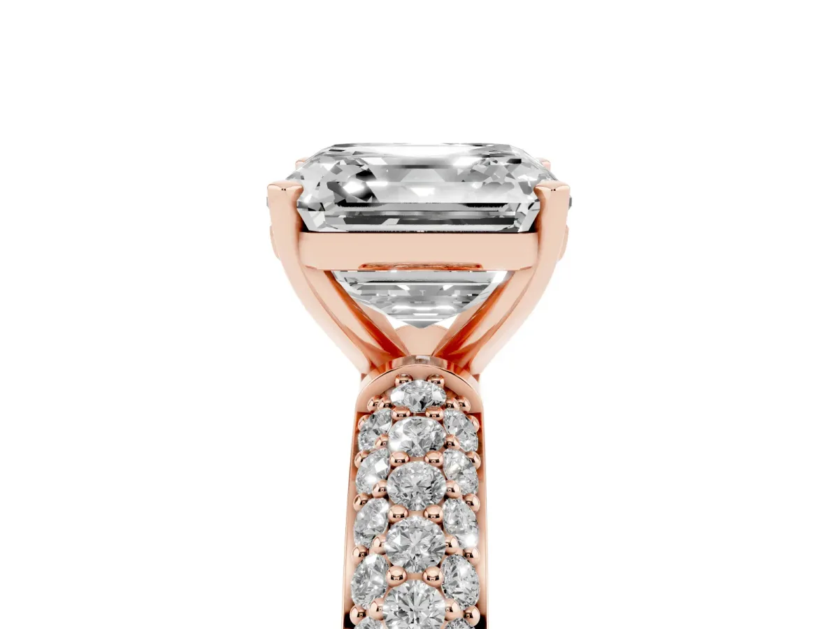 Asscher Cut Diamond Solitaire Ring with Prong Setting and Pavé Band Rose gold