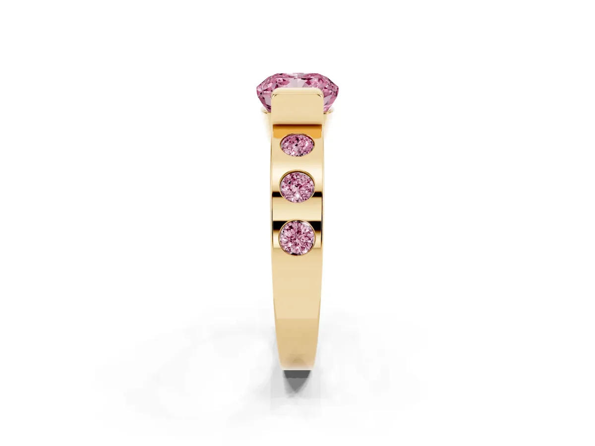 Fancy Pink Cushion Cut Brilliant Channel-Set Diamond Ring with Bezel Prong Setting Yellow gold