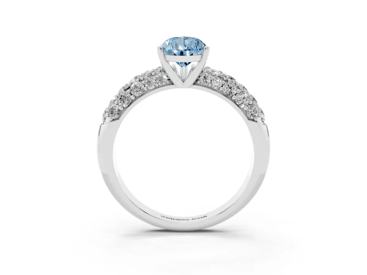 Fancy Blue Pear Cut Diamond Pavé Band Solitaire Ring with Four-Prong Setting Silver