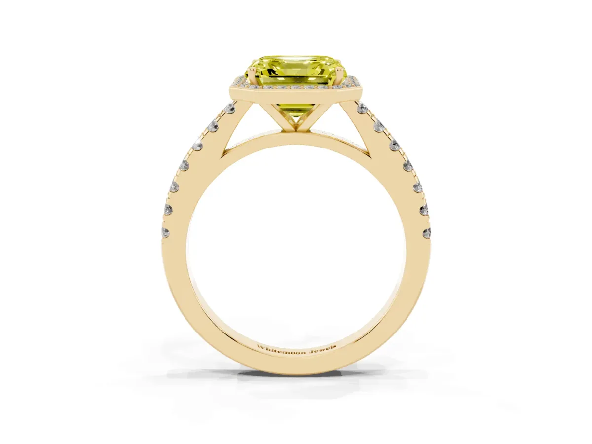 Fancy Yellow Asscher Cut Cut Halo Diamond Engagement Ring with Pave Band and Four-Prong Setting Yellow gold