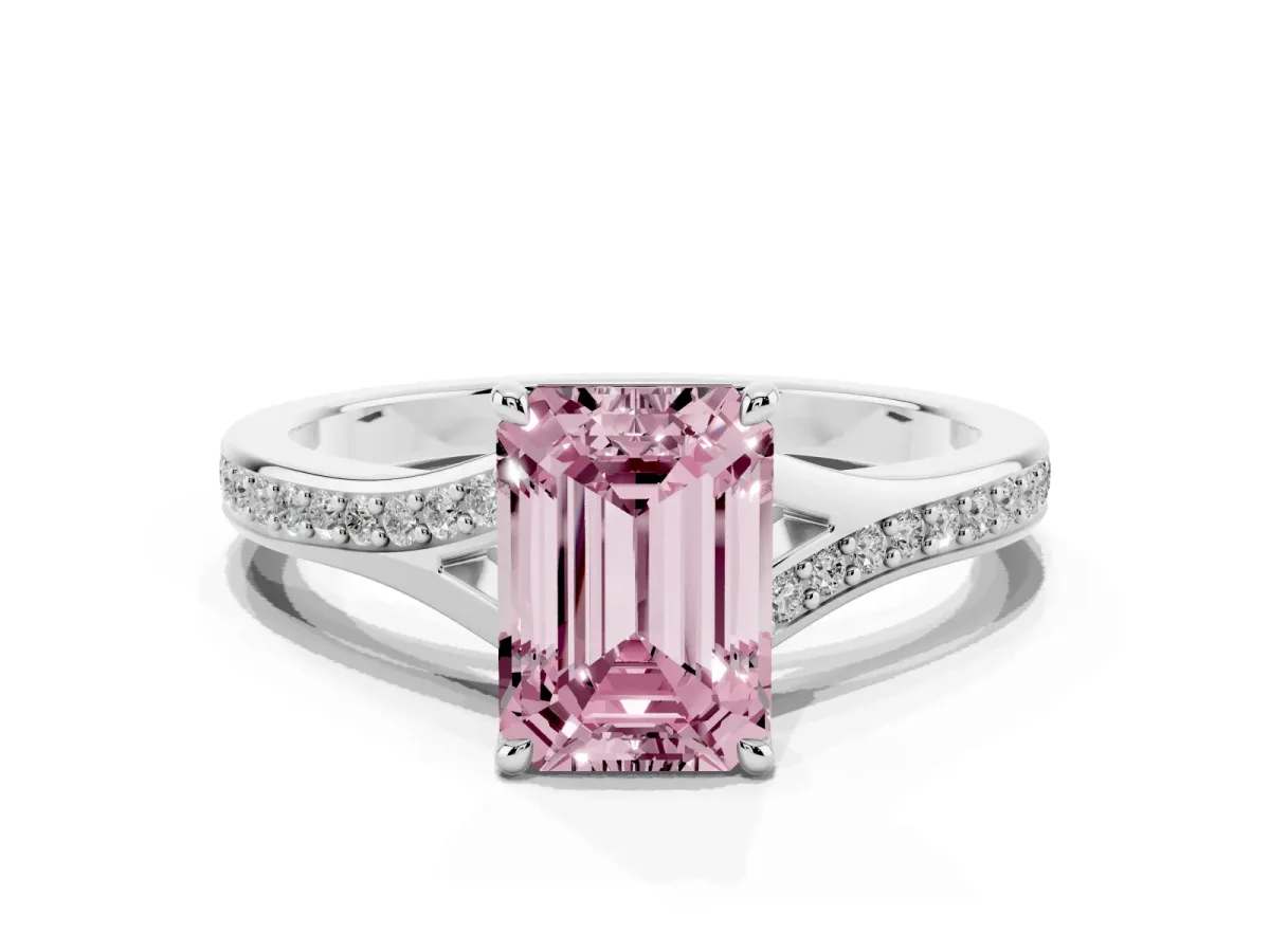 Fancy Pink Emerald Cut Diamond Solitaire Ring with Pavé Band and Prong Setting Silver